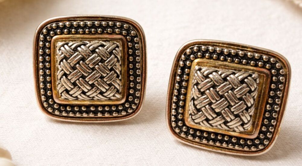 Basket Weave Clip On Earrings Gold Silver Mixed Metal Square Beaded Vintage